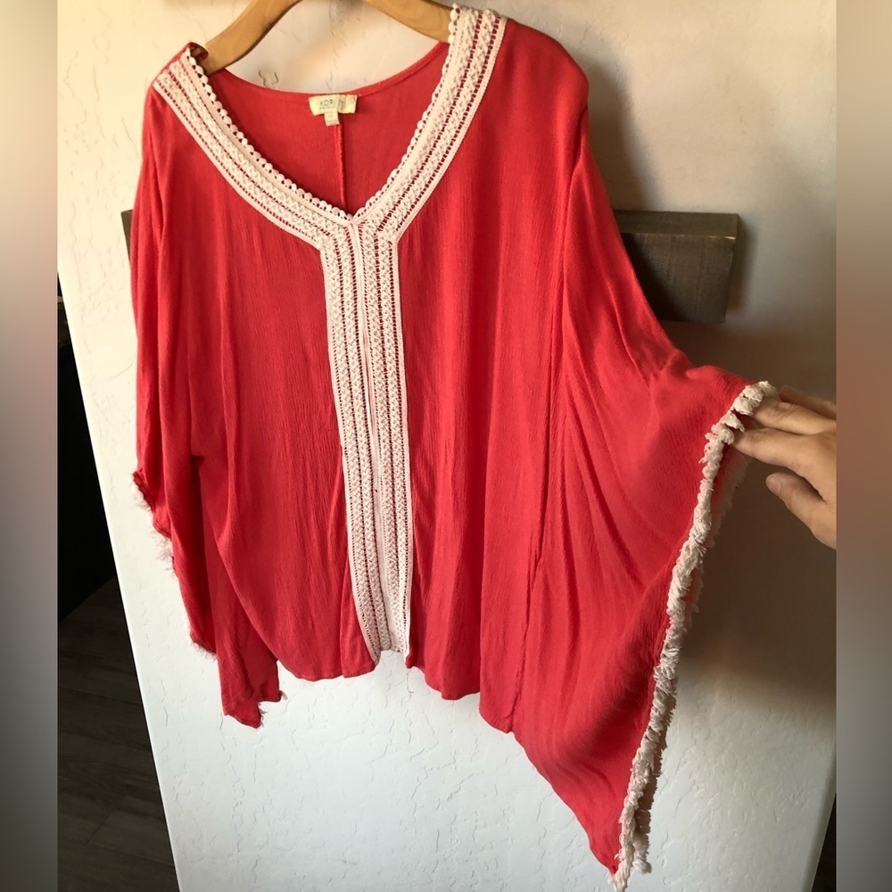 Kori America|Coral Dolman Pancho Top,crotchet detailing, Oversized Boxy fit top•